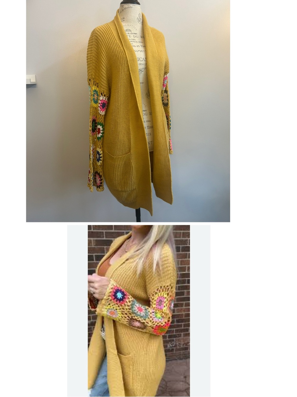 Blakeley Boho Crocheted Arms Patchwork  Long Sweater Cardigan Yellow Gold Small